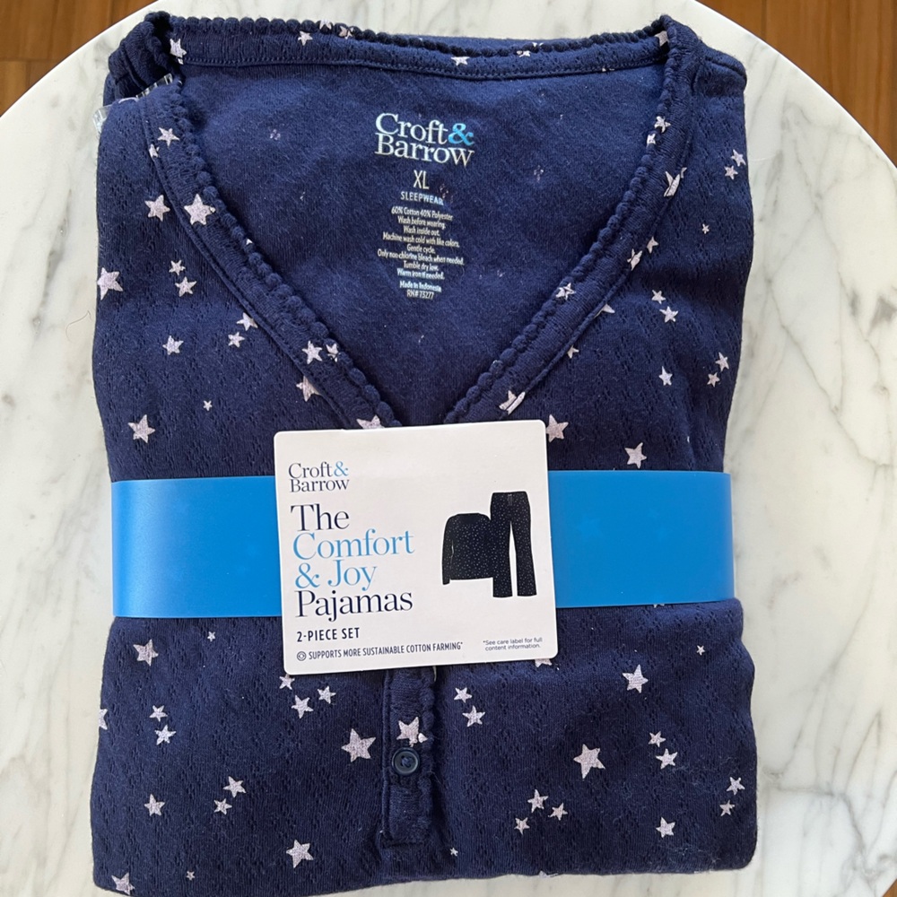 Croft & Barrow The Comfort & Joy Pajama 2-piece Set Navy Blue/ White Stars NEW